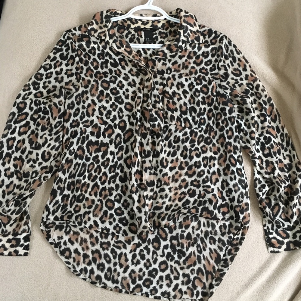 Long sleeved, sheer, leopard print shirt